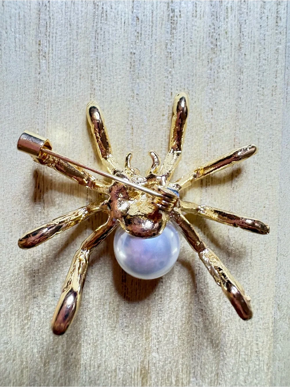 Gold Pearl Spider Brooch with Clear Crystals - Women's Jewelry